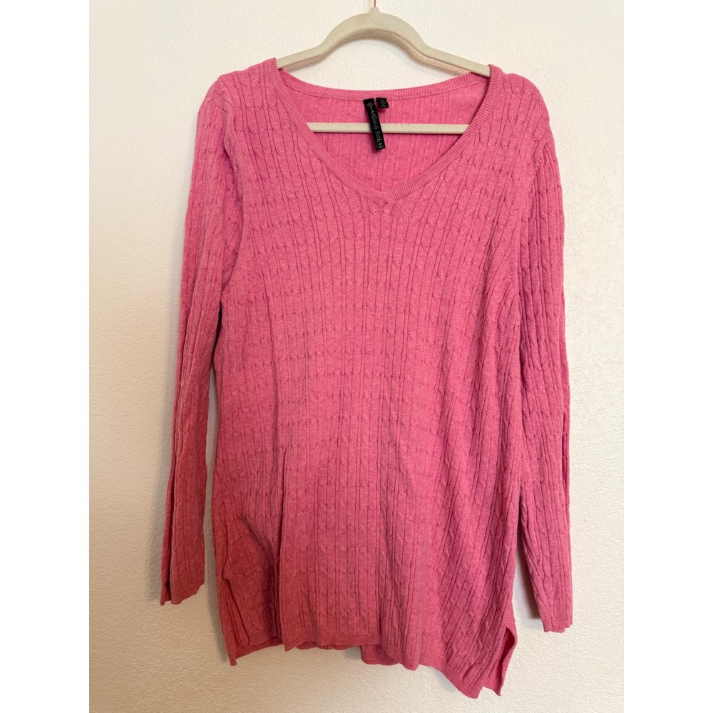 Allie & Rob Pink Cable Knit V-Neck Sweater Plus Size 2X Long Sleeve‎ Pullover